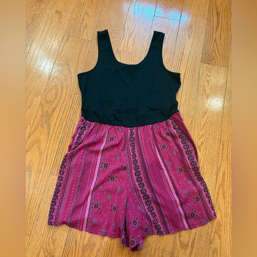 torrid Black Tank Romper with Magenta Patterned Shorts